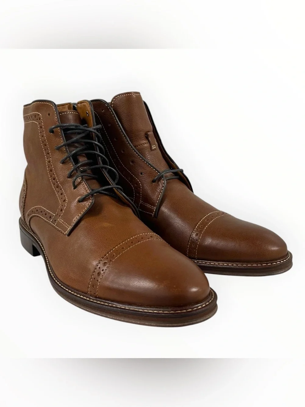 Johnston & Murphy Warner Cap Toe Zip Boots 10M Dark Tan Full Grain Leather NIB